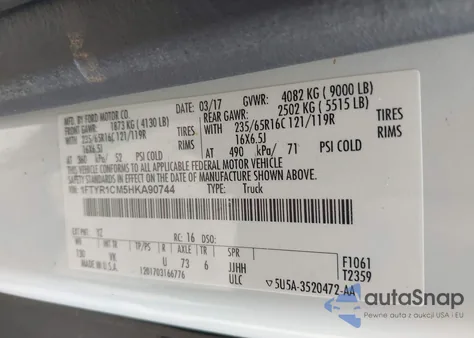 2017 Ford Transit-250 z USA, uszkodzony, nr VIN 1FTYR1CM5HKA90744